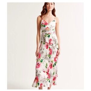 Abercrombie & fitch Floral Print Tiered Pleated Midi Dress Cutout Twist Front